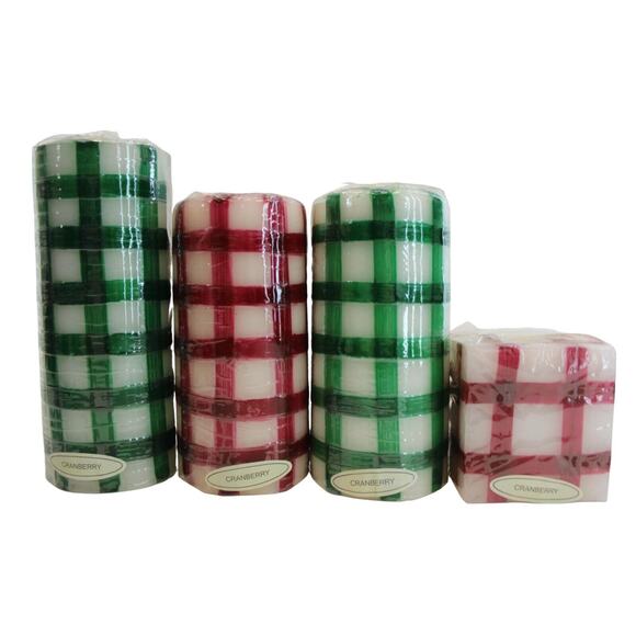 4 Holiday Candles Décor Sears Whole Home • Red & Green Plaid • On Tray • Holly - Picture 8 of 10